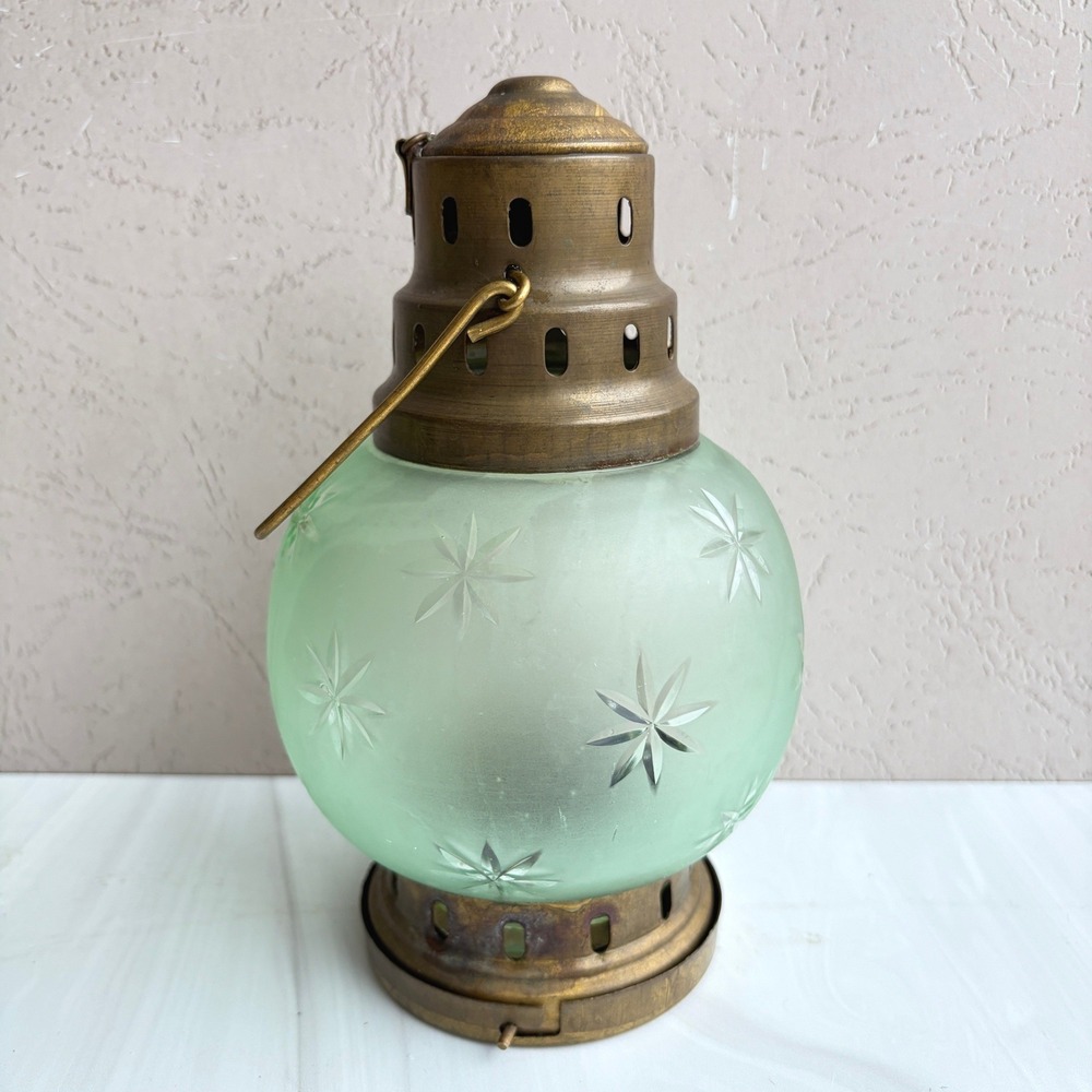 Vintage Brass Lantern Frosted Seafoam Green Etched Starburst Glass Globe 8.5in